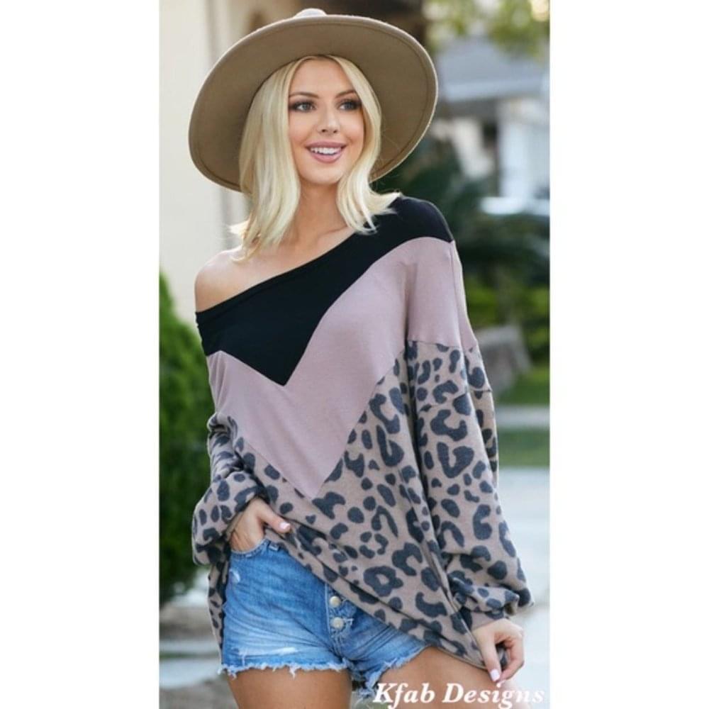 Brushed Leopard Hacci Knit Color Block Top