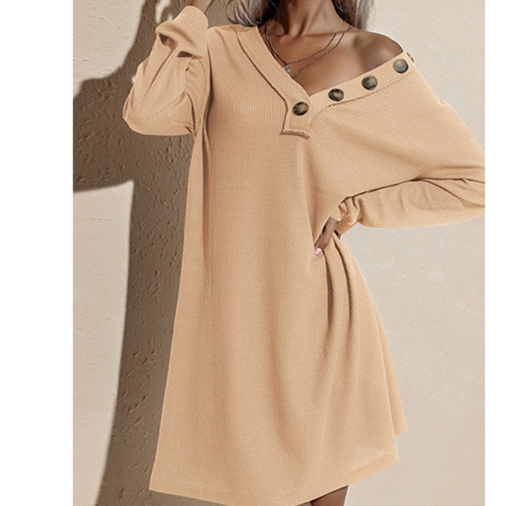 V Neck Long Sleeve Sweater Dress