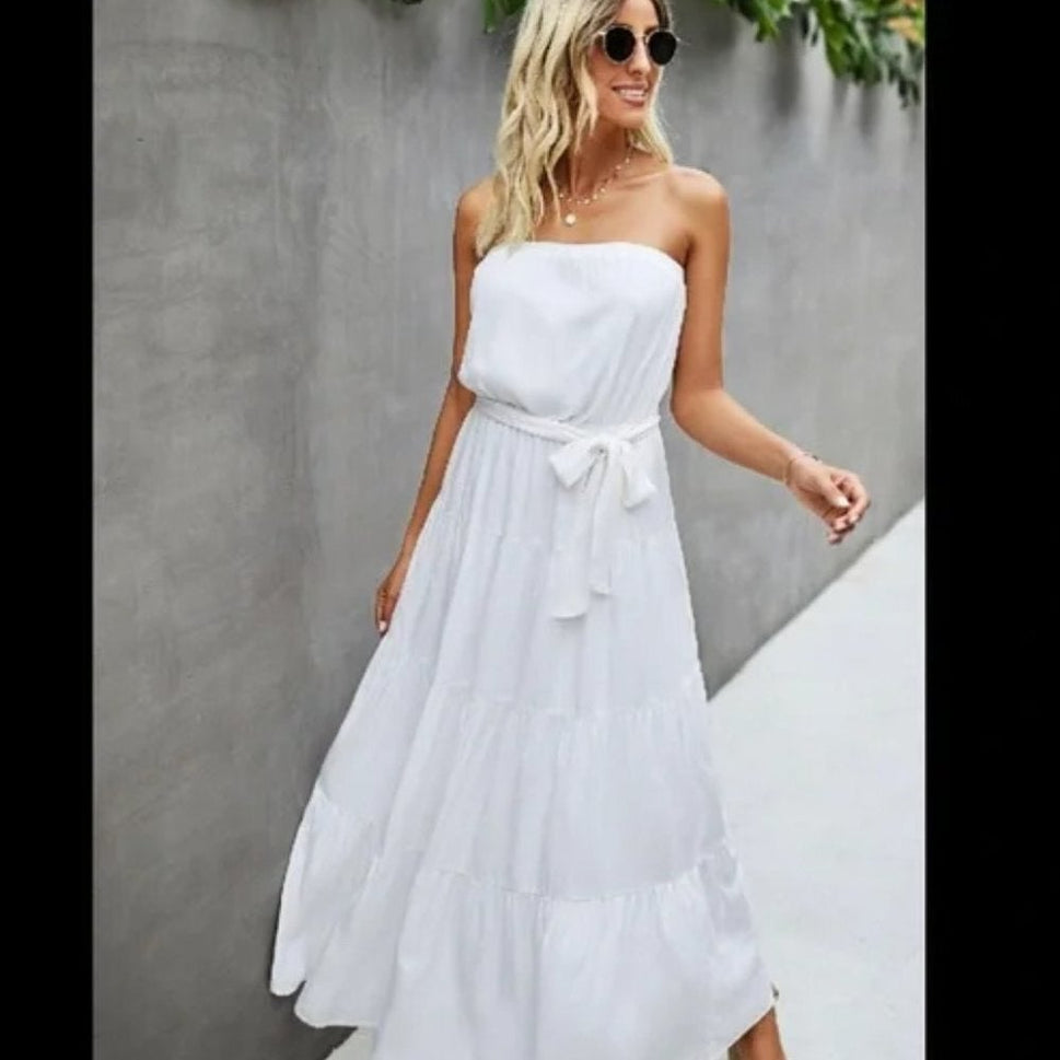 Strapless High Waist Maxi Tie Ruffle Dress