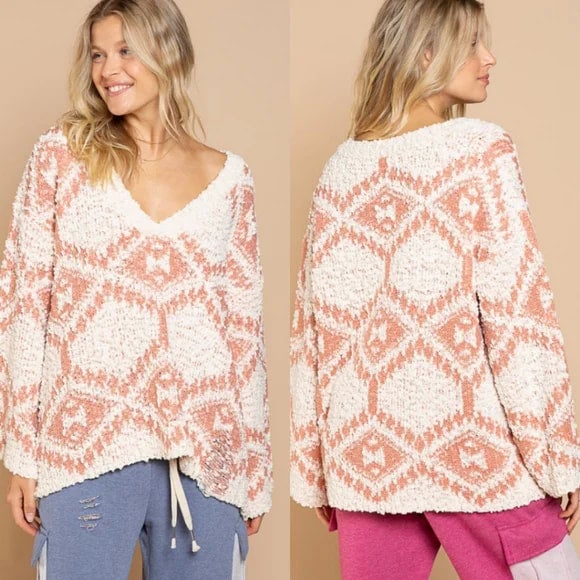 Aztec Salmon White Sweater