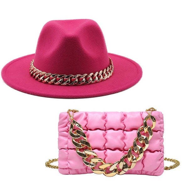 Hot Pink Big Brimmed Fedora Hat/Chain Purse