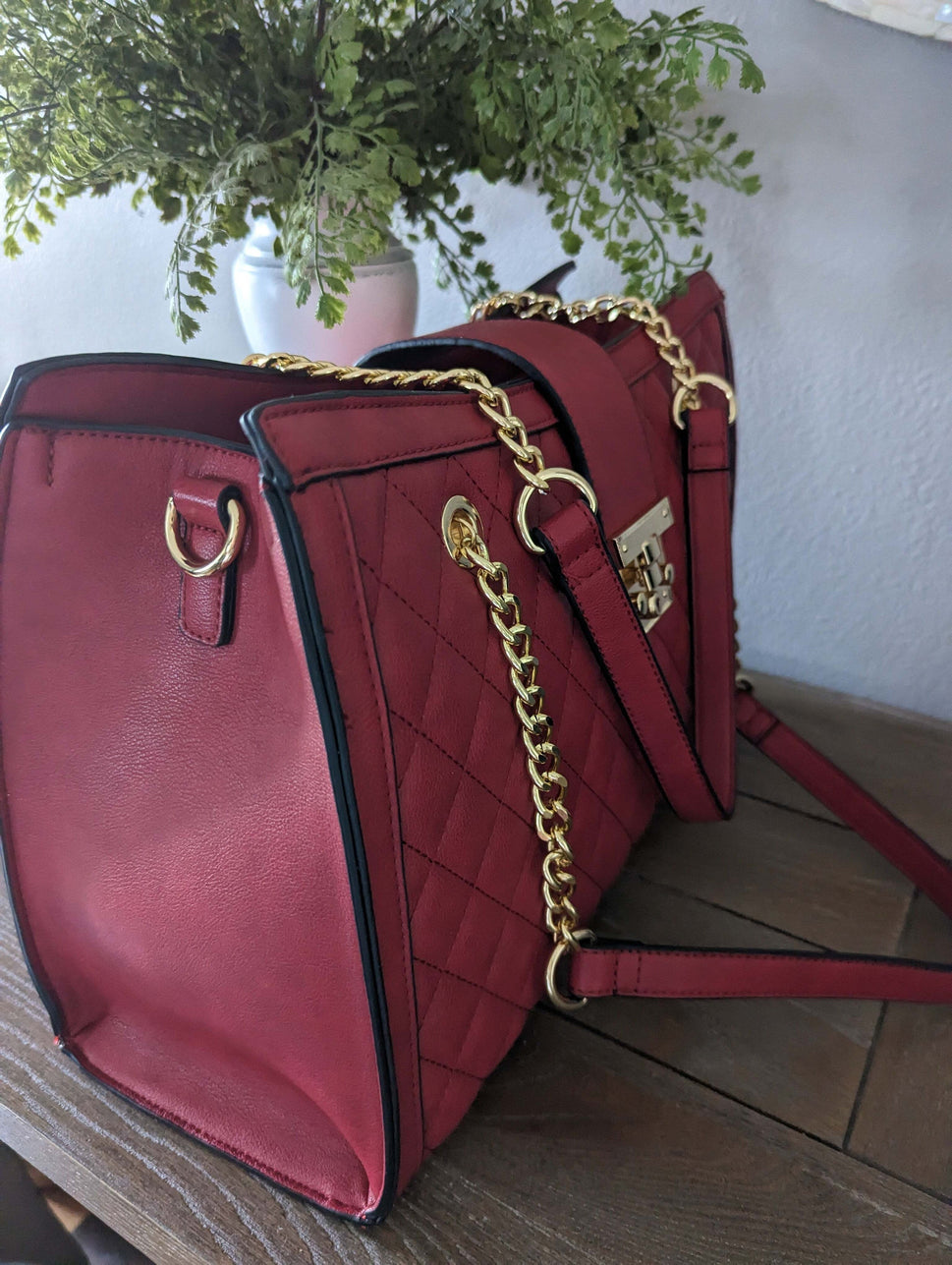 Red Quilted Double Flap Chain Tote with Wallet