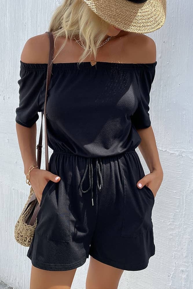 Black Off Shoulder Drawstring Romper