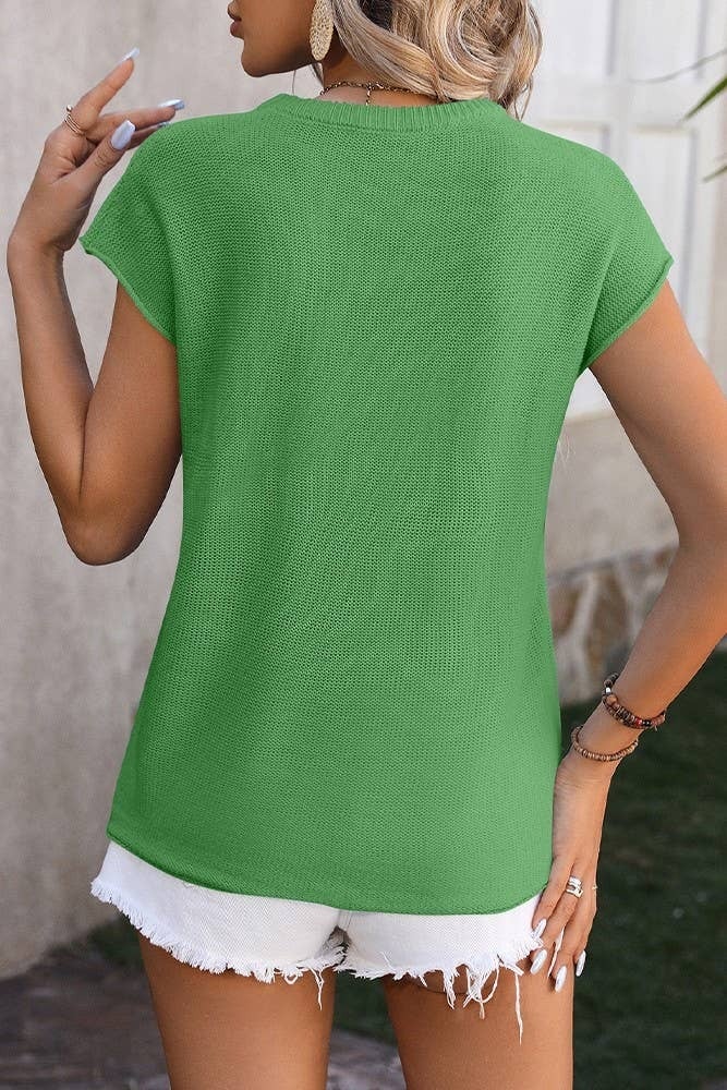 Plain Exposed Seam Knit Round Neck Short Sleeves Top