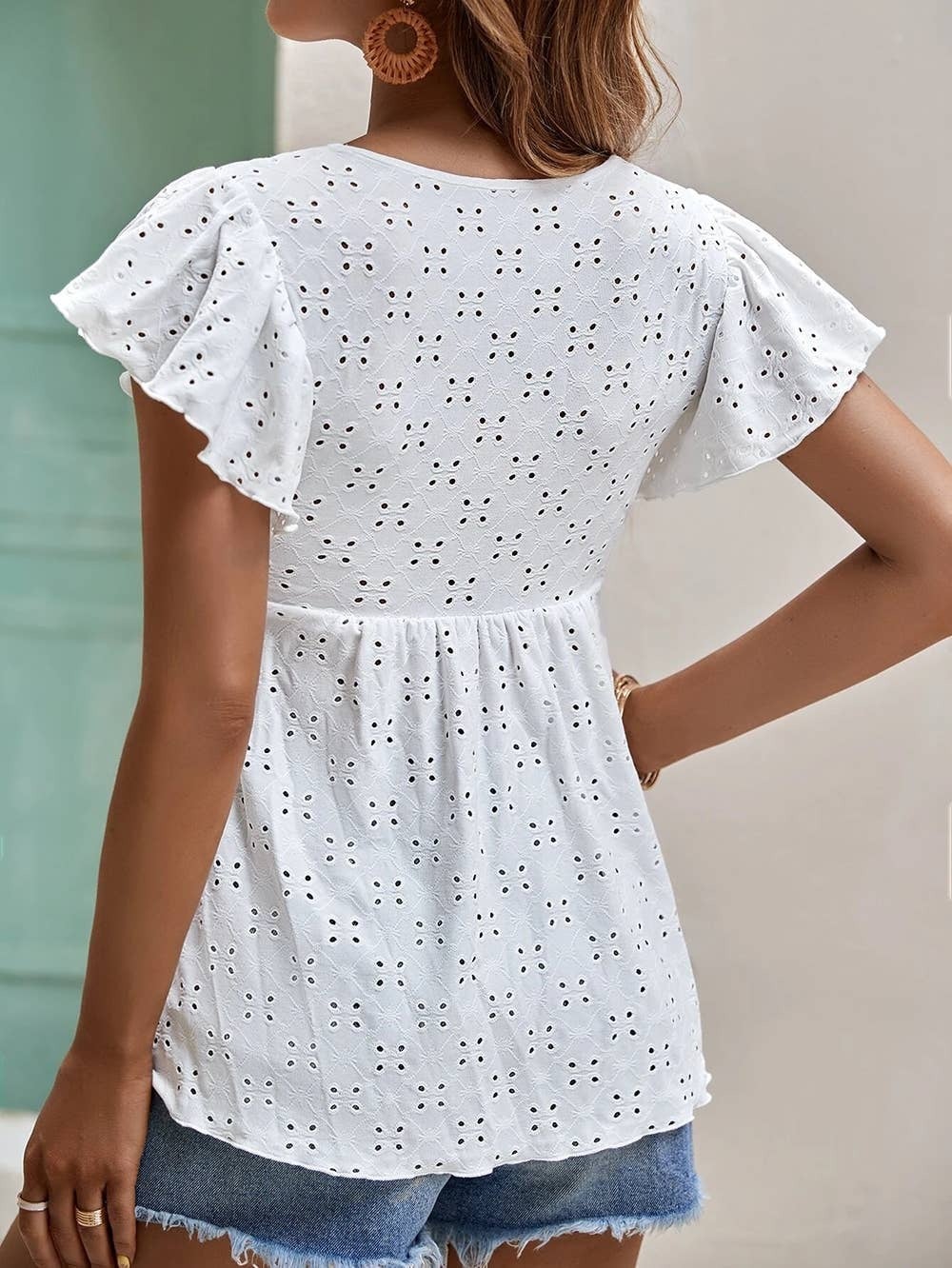 Eyelet Pattern Ruffles Sleeves Babydoll Top