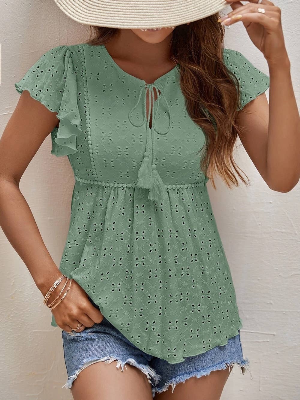 Eyelet Pattern Ruffles Sleeves Babydoll Top