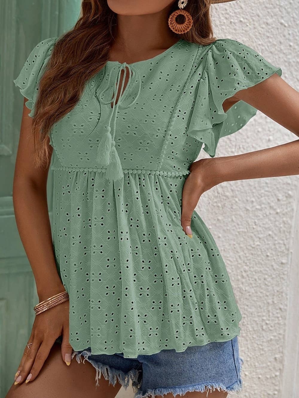 Eyelet Pattern Ruffles Sleeves Babydoll Top