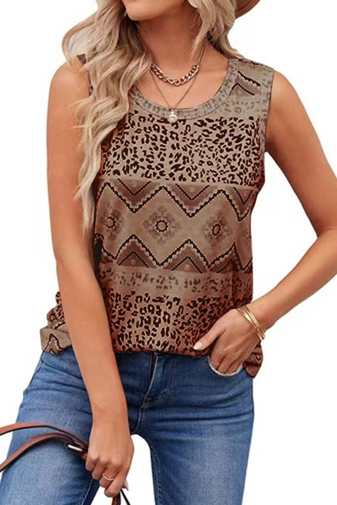 Leopard Splicing Aztec Printed Tank Top ZZKF822