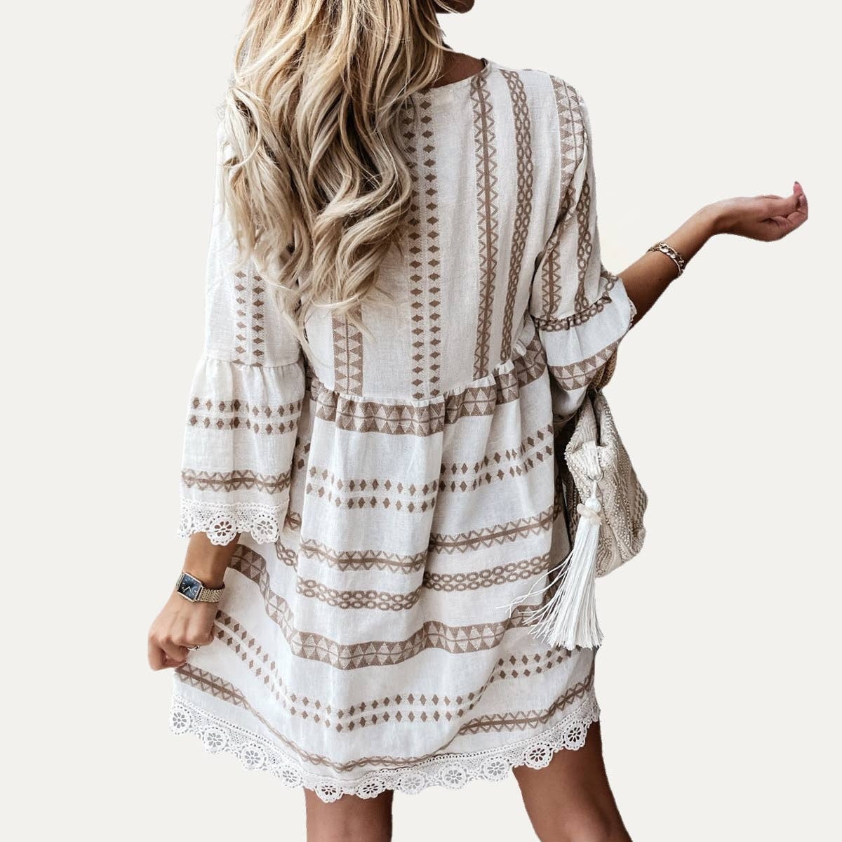 Perfect Boho-Style Printed V-Neck Crochet Lace Mini Dress