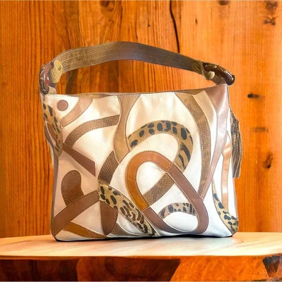 Sharif Studios Genuine Leather Cheetah & Snakeskin Shoulder Bag with Wood Trim