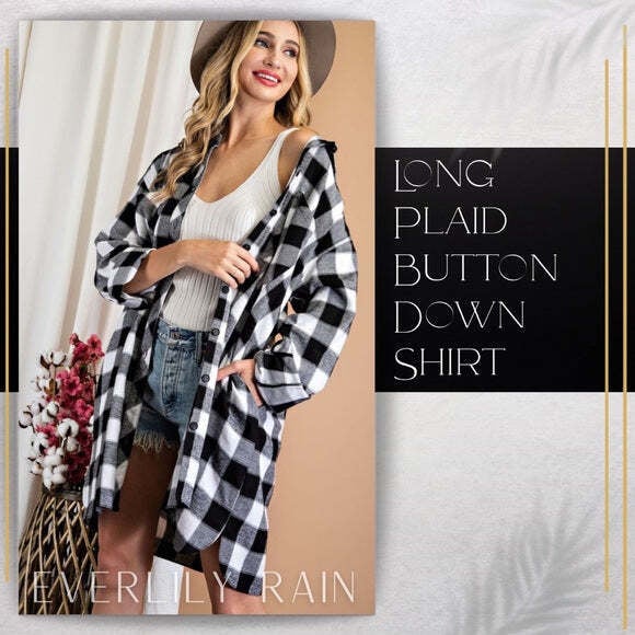 Long Plaid Button Down Shirt Jacket