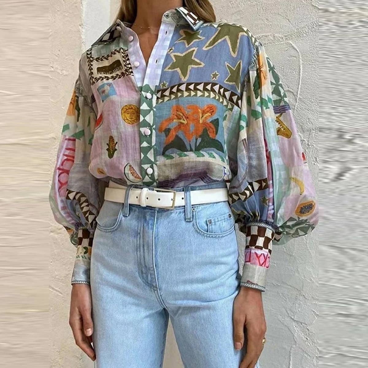 Lapel long sleeve printed painted loose shirt