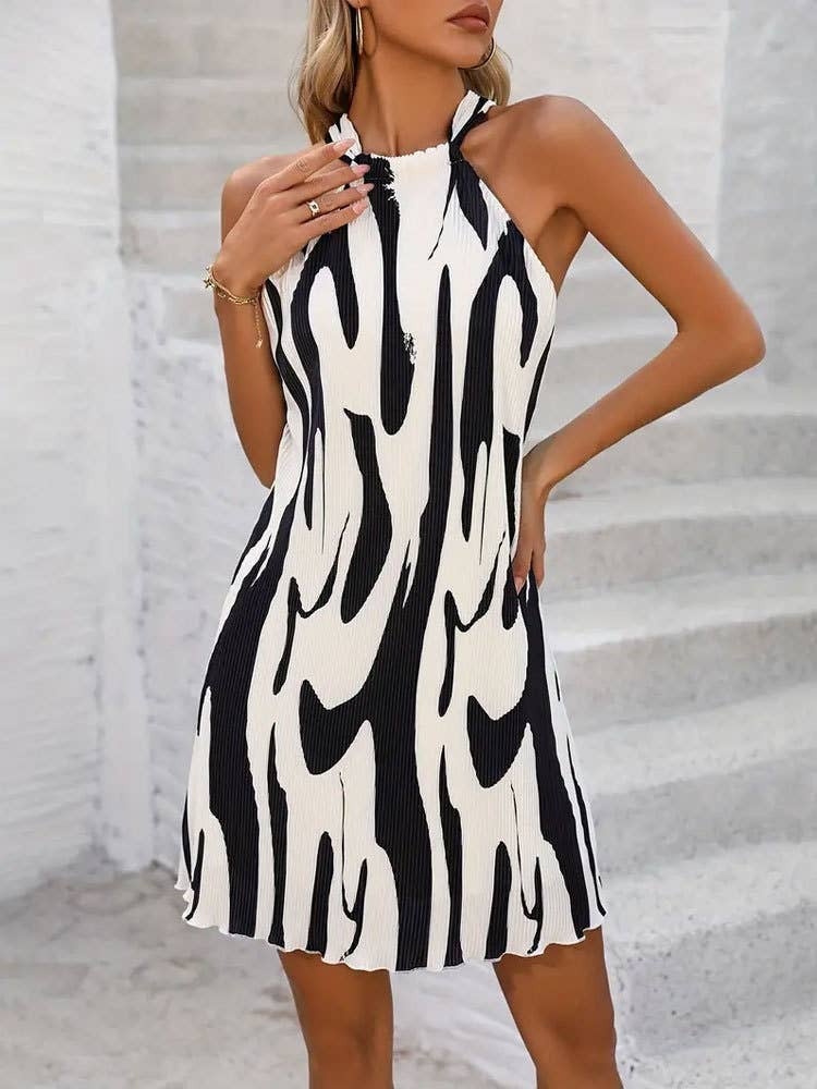 Printed pleated neckband A-swing dress