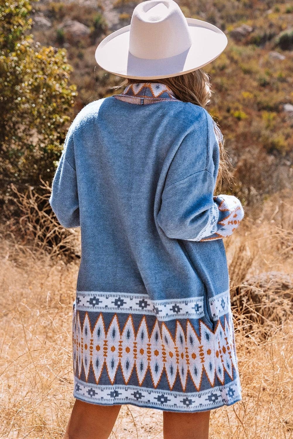 Threaded Pear - Ariah Aztec Print Open Front Knitted Cardigan