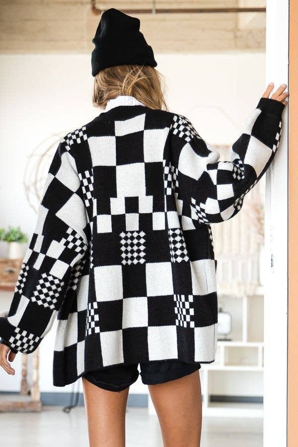 Checkered Color Block Open Midi Sweater with Pockets