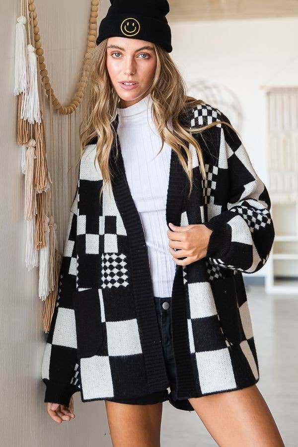 Checkered Color Block Open Midi Sweater with Pockets