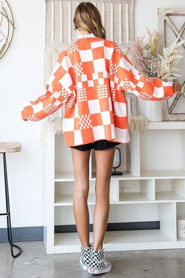 Checkered Color Block Open Midi Sweater with Pockets