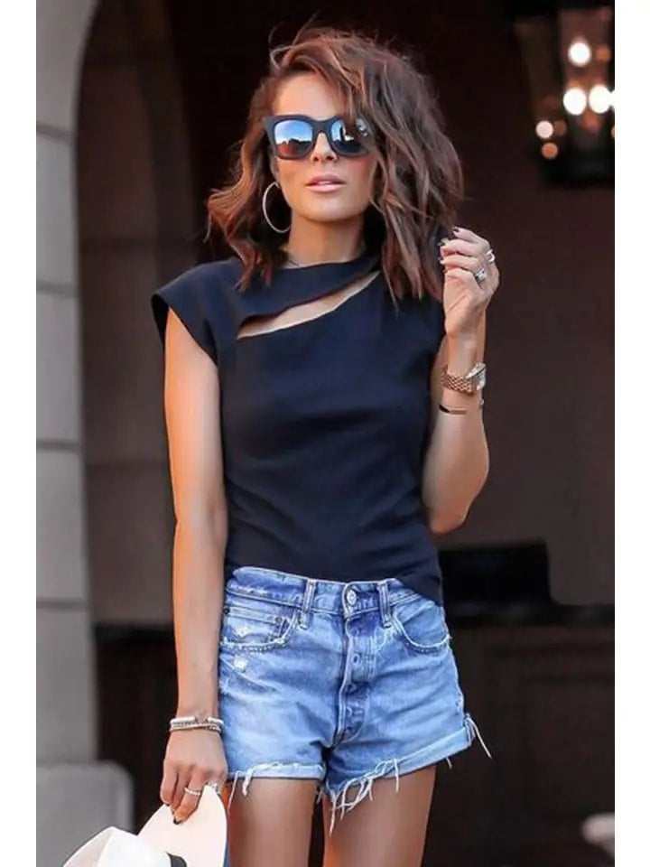 Slash Cutout Cap Sleeve T Shirt - Primrose Signature Boutique