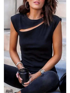 Slash Cutout Cap Sleeve T Shirt - Primrose Signature Boutique