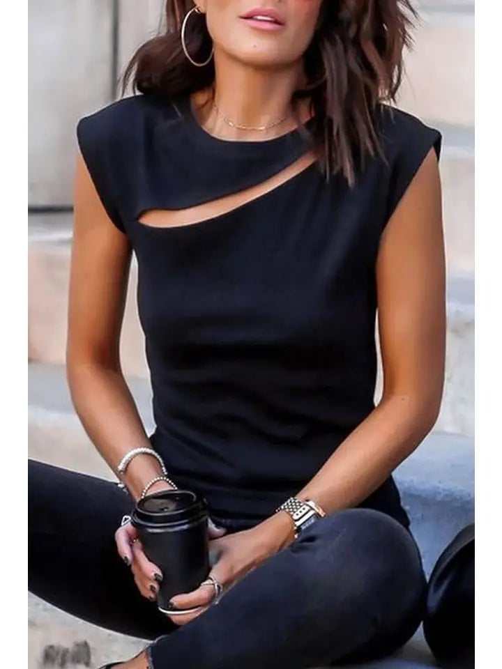 Slash Cutout Cap Sleeve T Shirt-zoom-3