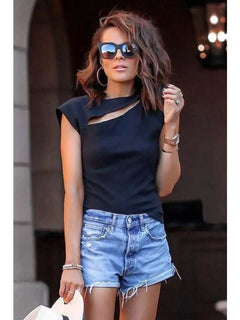 Slash Cutout Cap Sleeve T Shirt - Primrose Signature Boutique