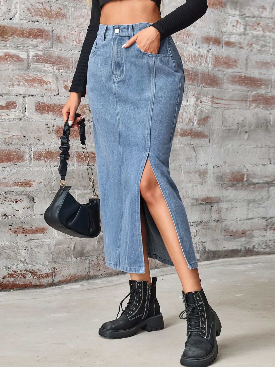 Slit High Waist Denim Skirt with Pockets - Primrose Signature Boutique