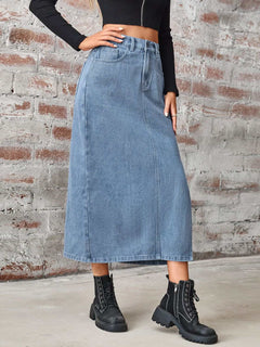 Slit High Waist Denim Skirt with Pockets - Primrose Signature Boutique