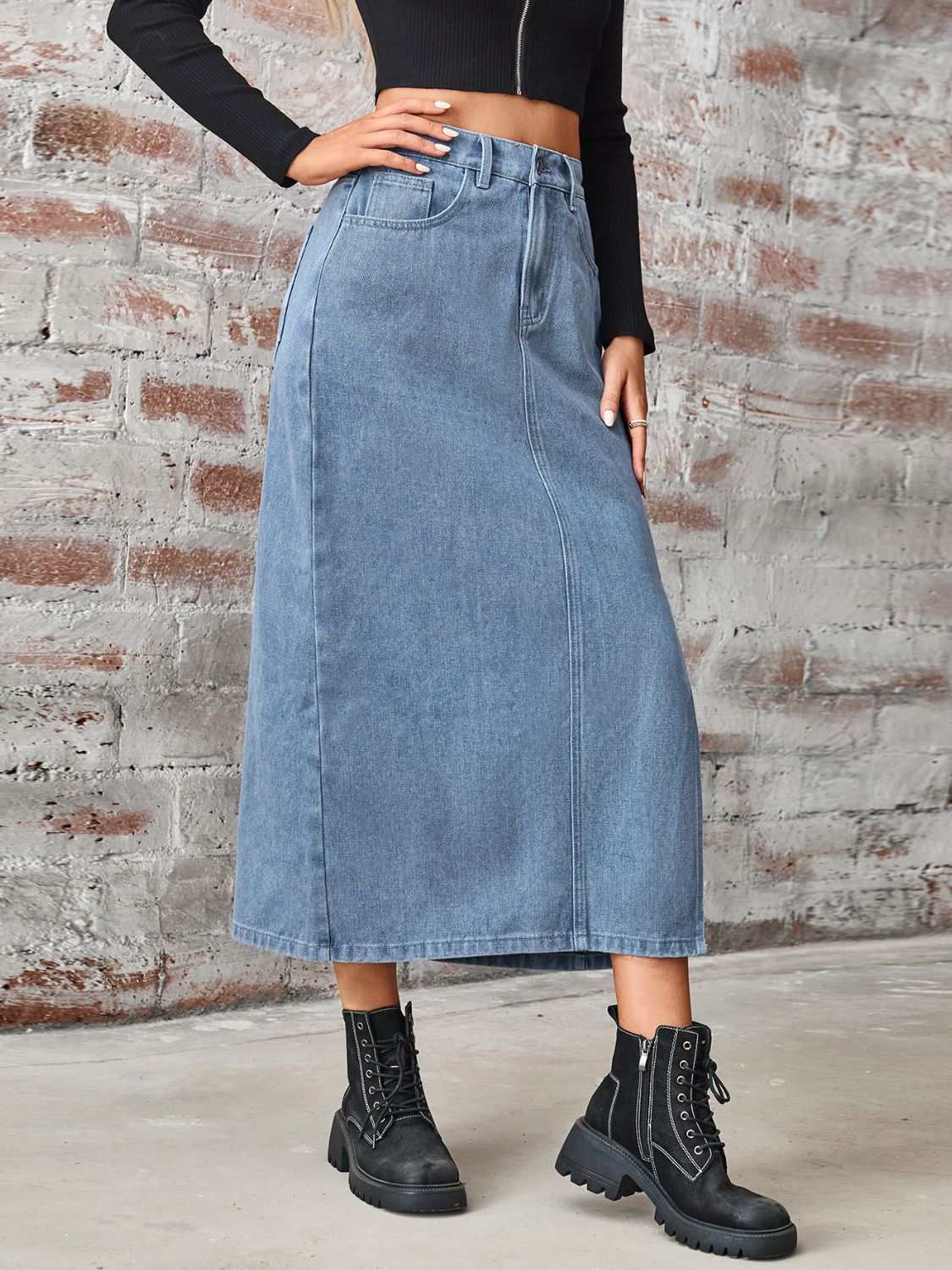 Slit High Waist Denim Skirt with Pockets - Primrose Signature Boutique