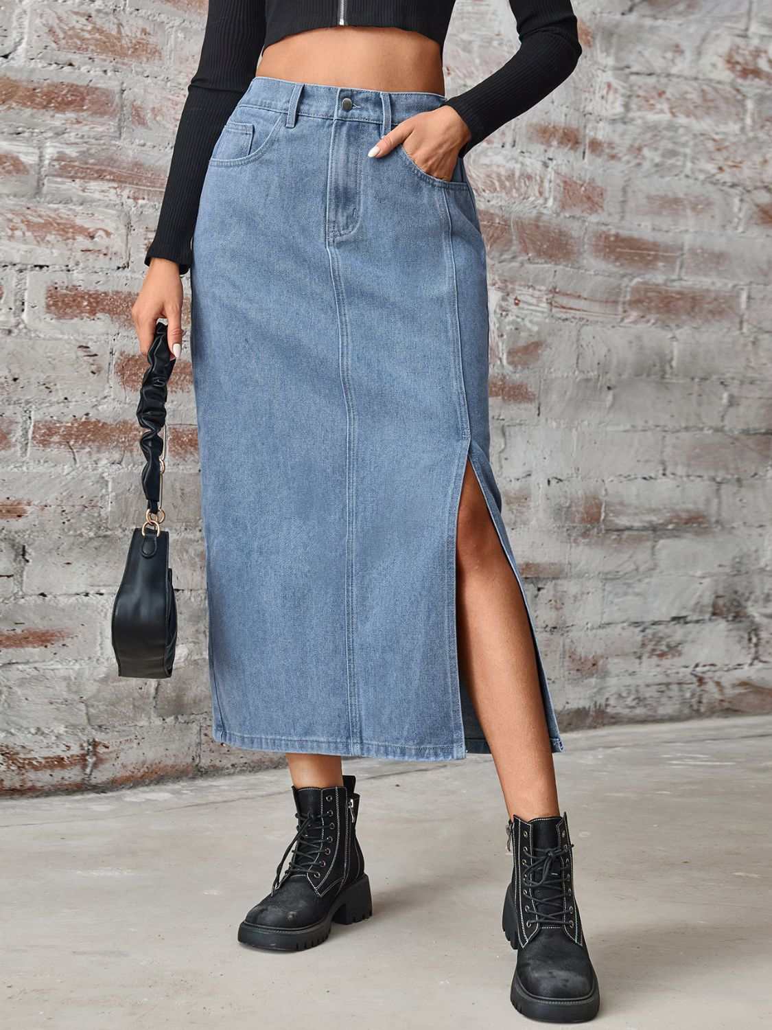 Slit High Waist Denim Skirt with Pockets - Primrose Signature Boutique