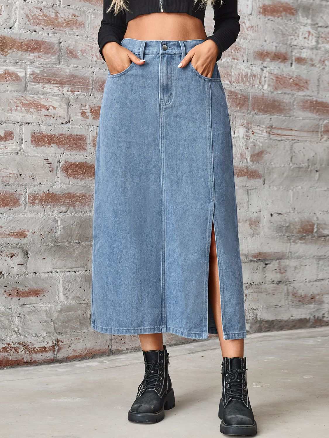 Slit High Waist Denim Skirt with Pockets - Primrose Signature Boutique