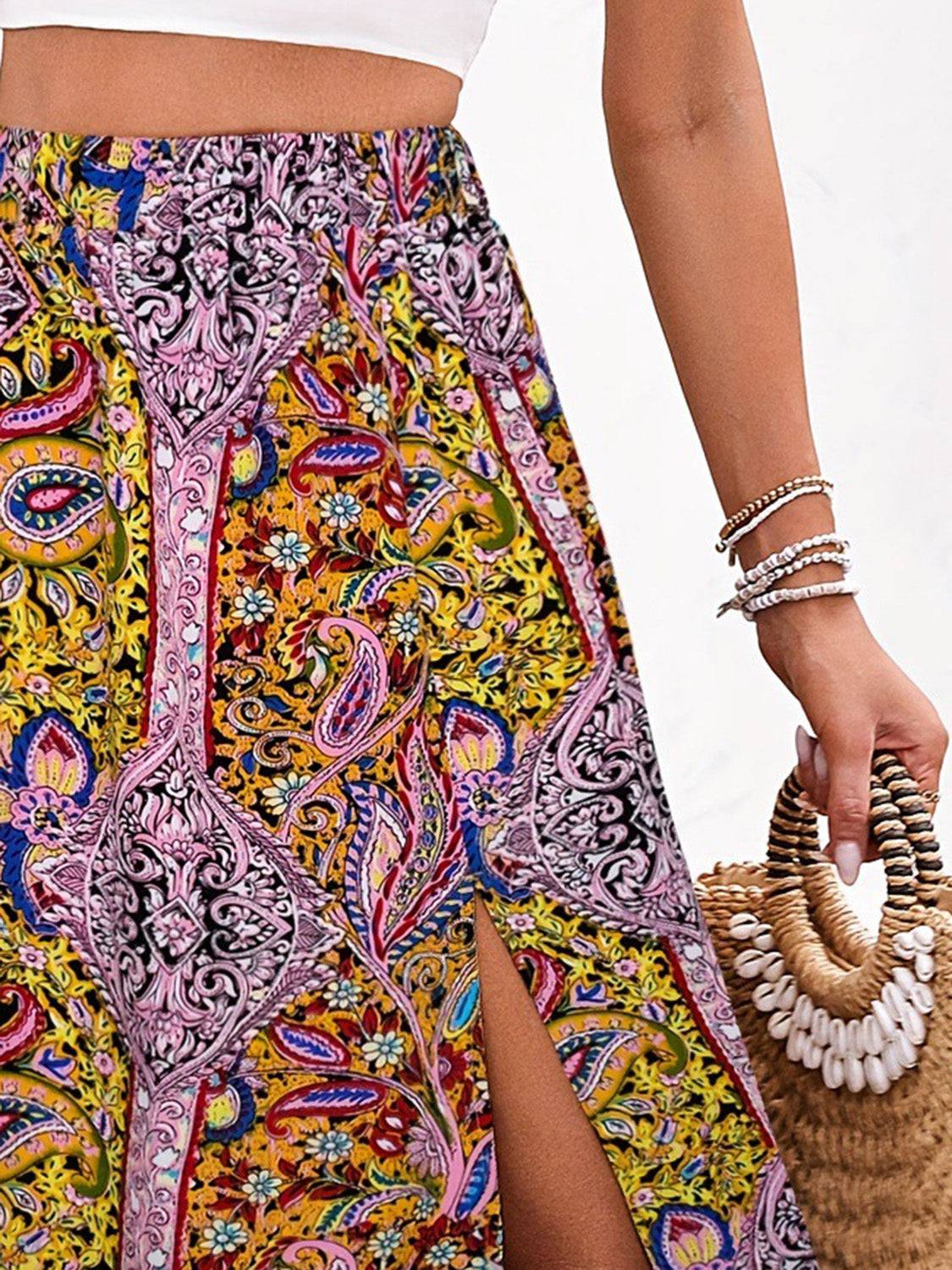 Slit Printed Elastic Waist Skirt - Primrose Signature Boutique