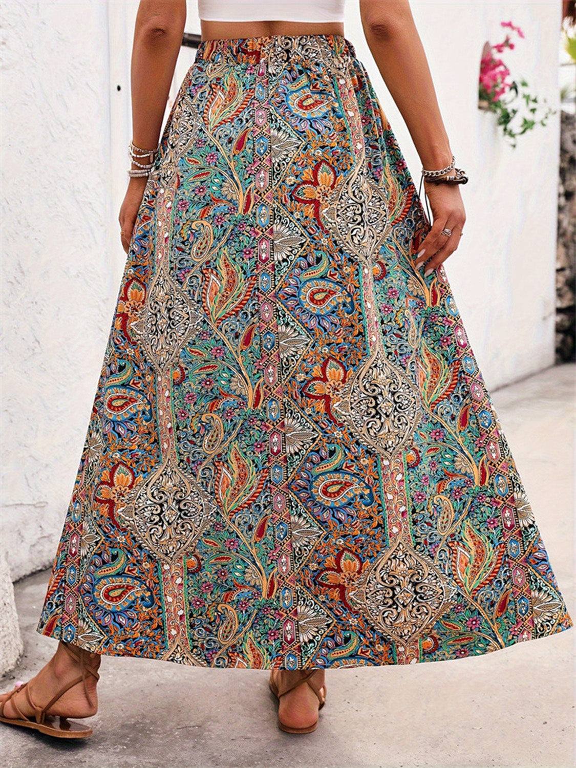 Slit Printed Elastic Waist Skirt - Primrose Signature Boutique
