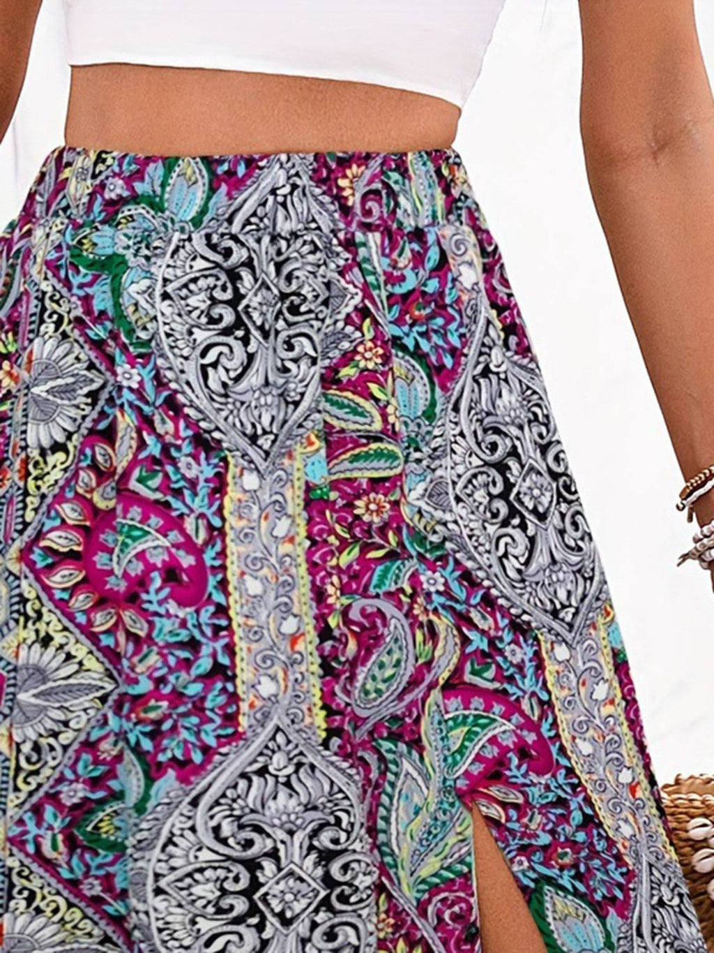 Slit Printed Elastic Waist Skirt - Primrose Signature Boutique