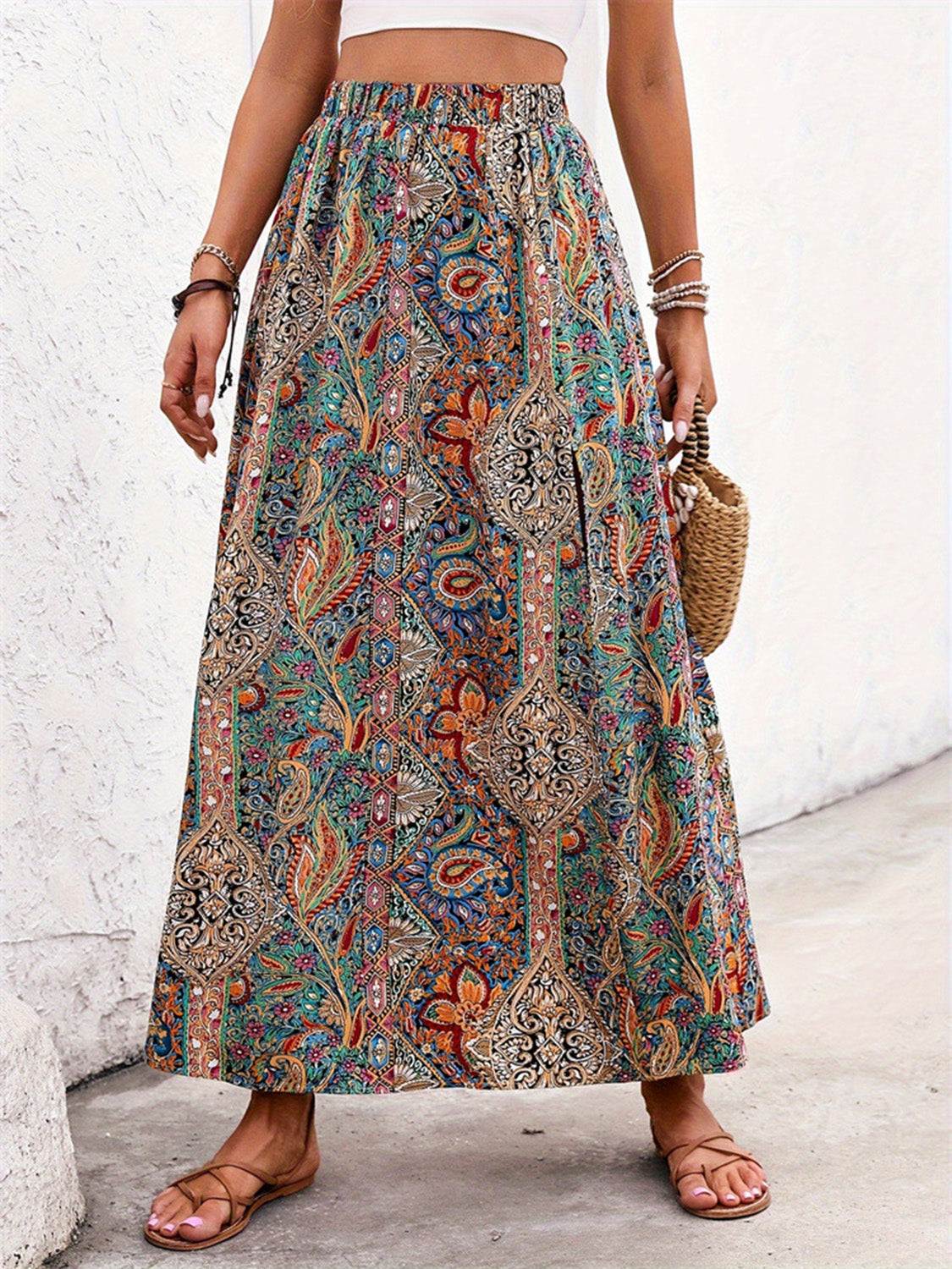 Slit Printed Elastic Waist Skirt - Primrose Signature Boutique