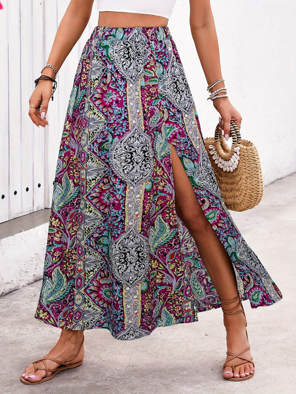 Slit Printed Elastic Waist Skirt - Primrose Signature Boutique