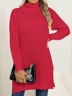 Slit Turtleneck Long Sleeve Sweater - Primrose Signature Boutique