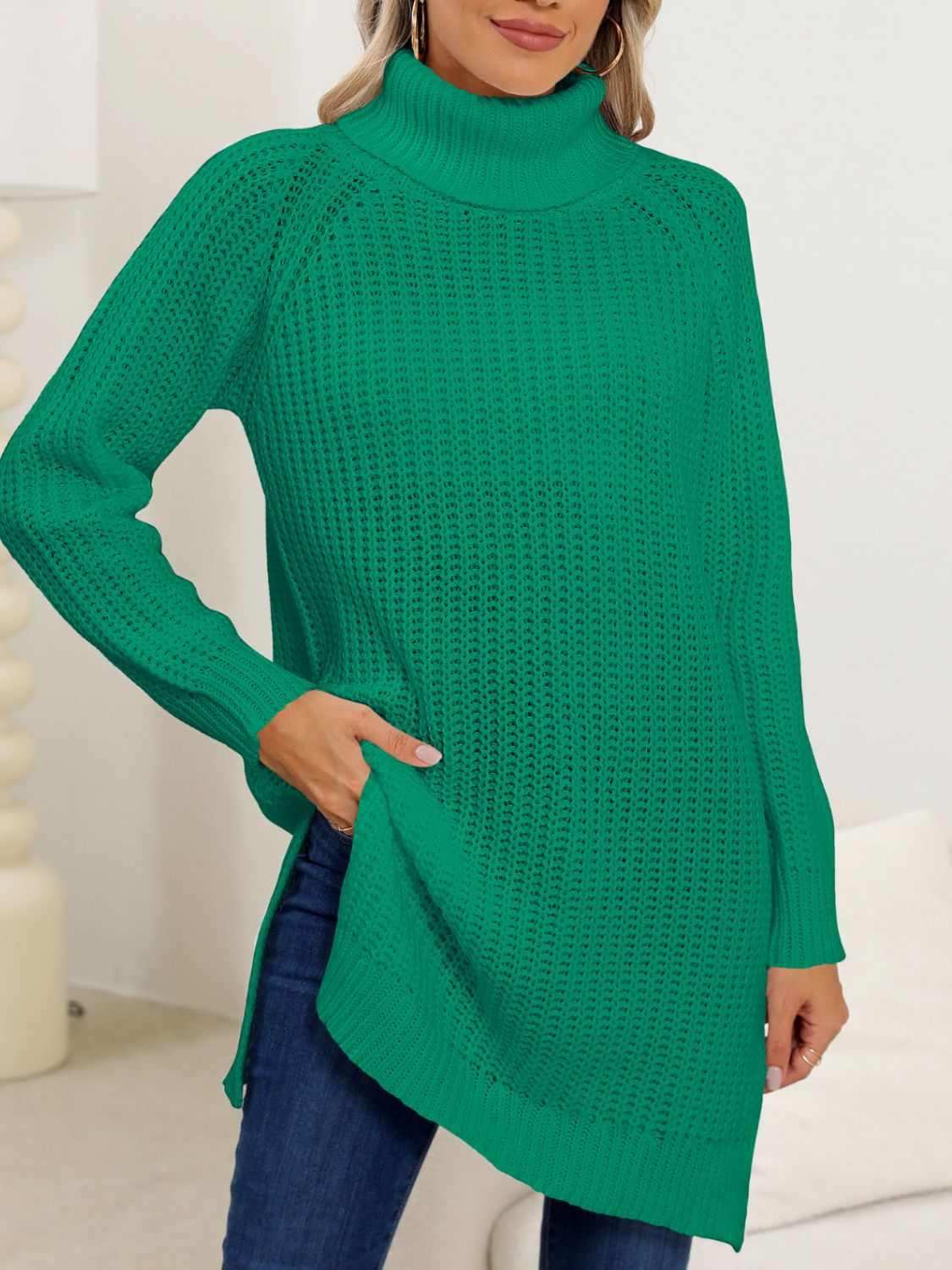 Slit Turtleneck Long Sleeve Sweater - Primrose Signature Boutique