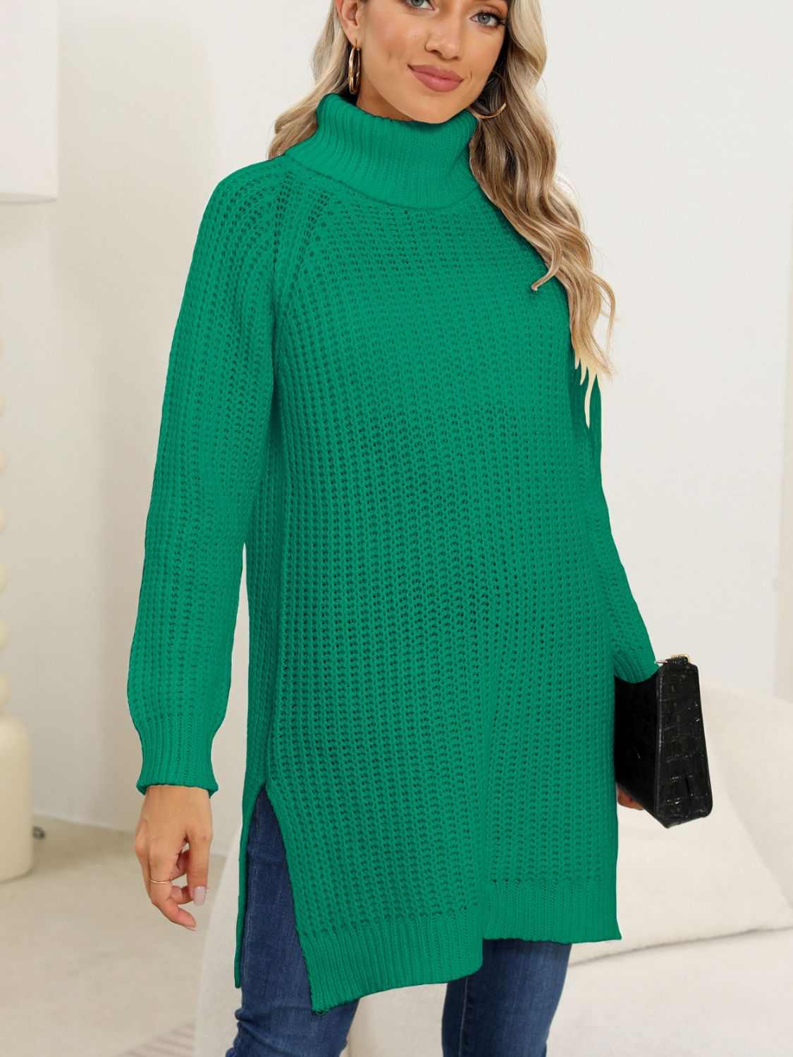 Slit Turtleneck Long Sleeve Sweater - Primrose Signature Boutique