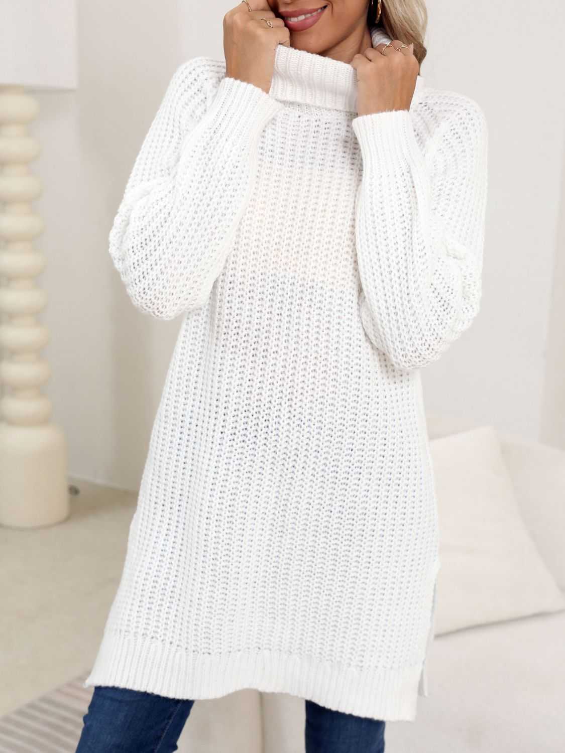 Slit Turtleneck Long Sleeve Sweater - Primrose Signature Boutique