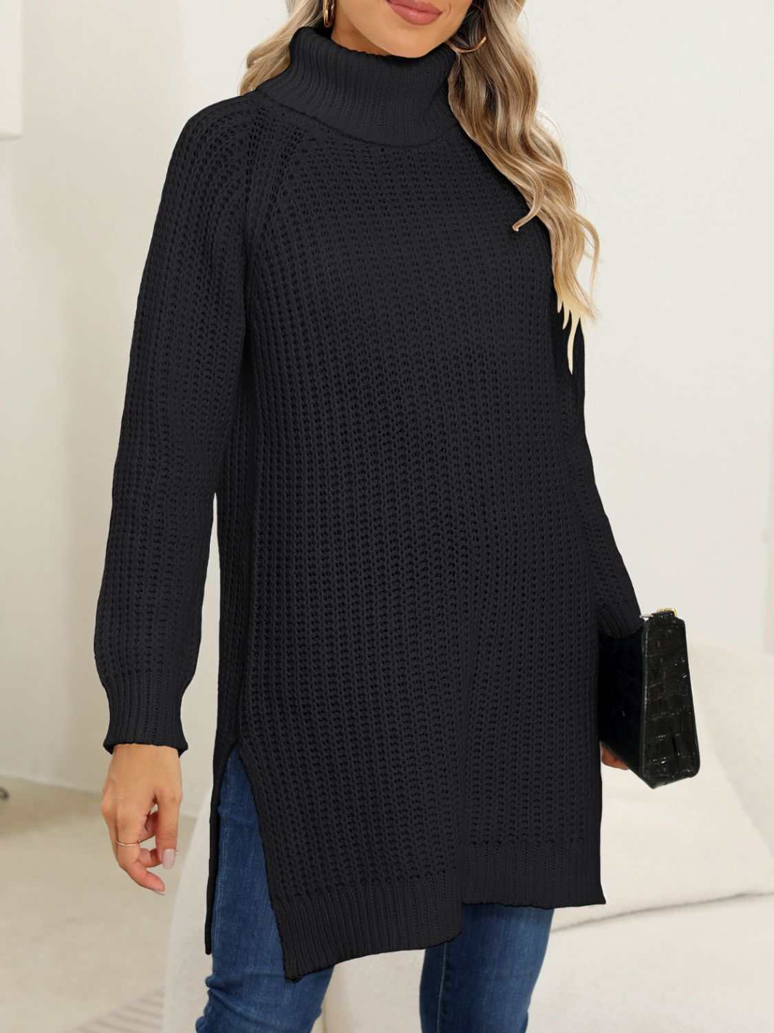 Slit Turtleneck Long Sleeve Sweater - Primrose Signature Boutique