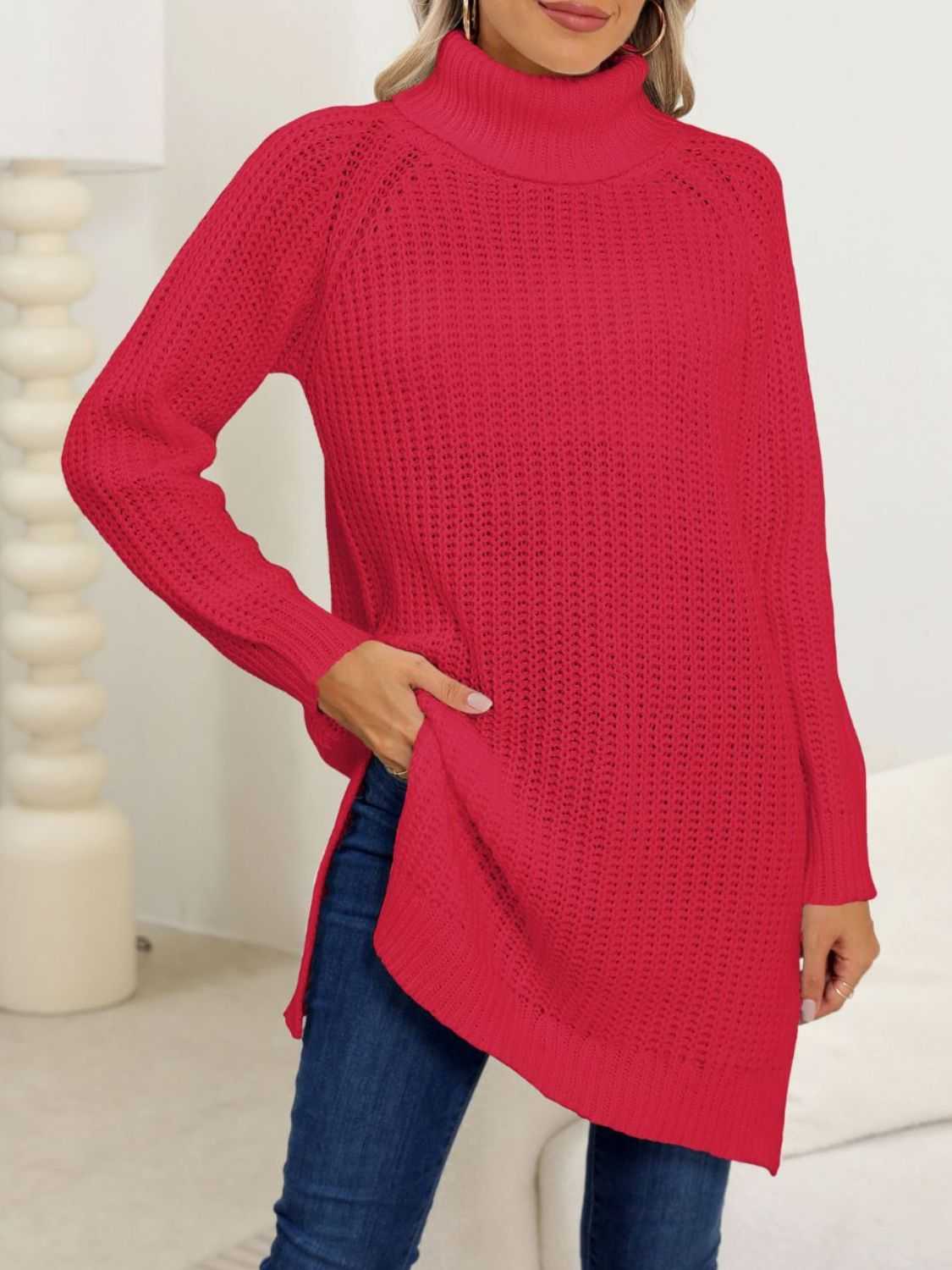 Slit Turtleneck Long Sleeve Sweater - Primrose Signature Boutique