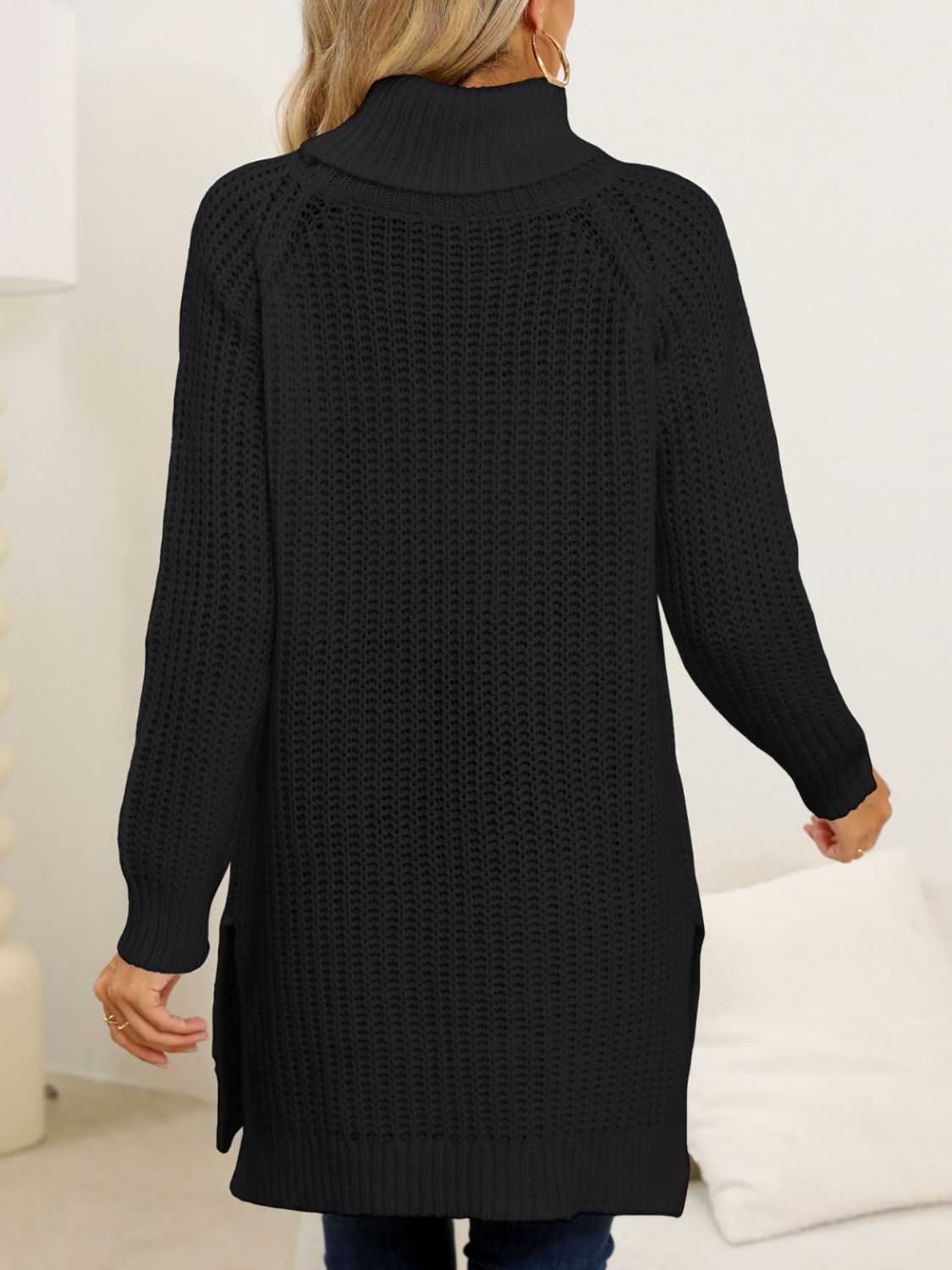 Slit Turtleneck Long Sleeve Sweater - Primrose Signature Boutique