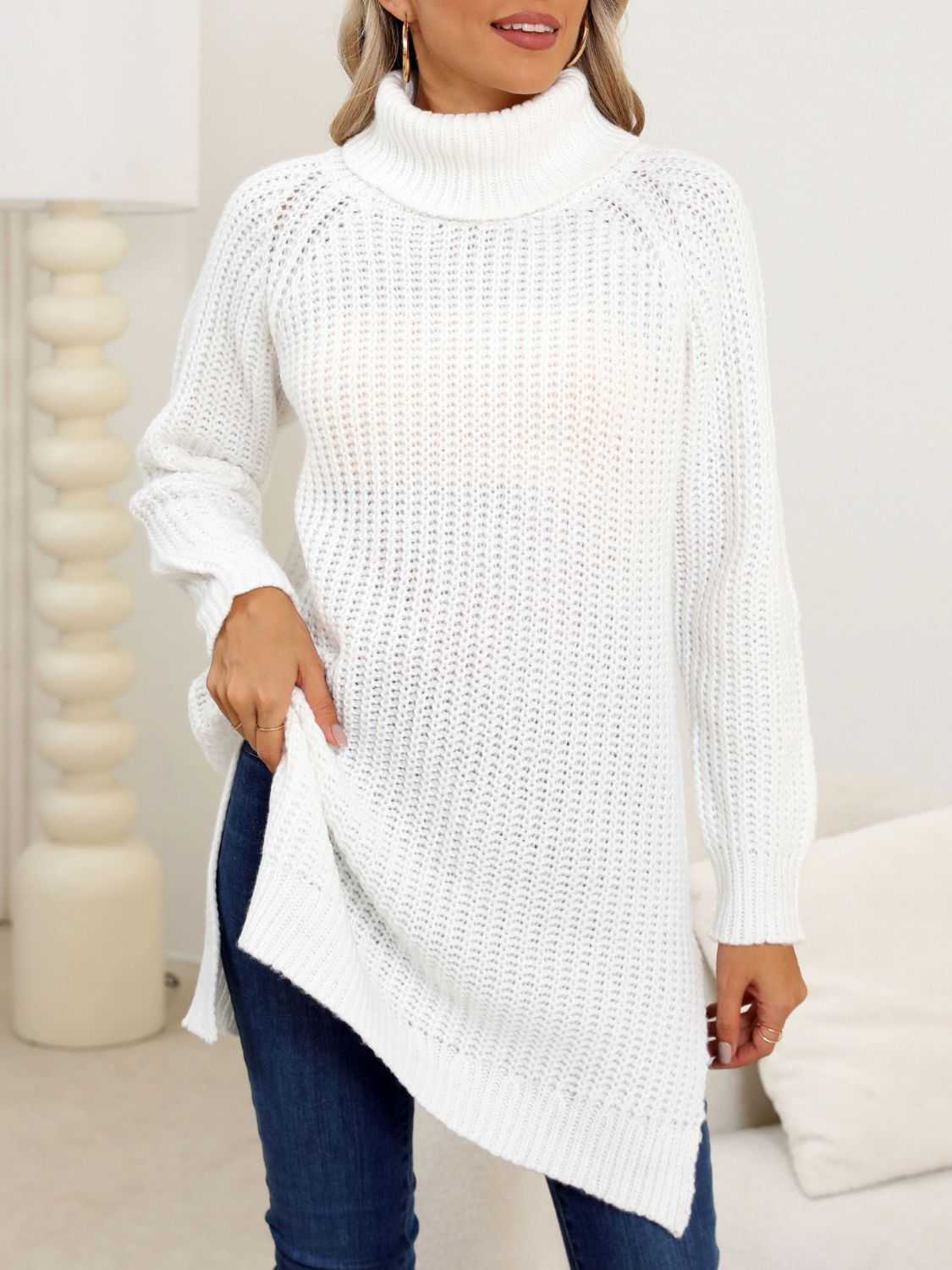 Slit Turtleneck Long Sleeve Sweater - Primrose Signature Boutique