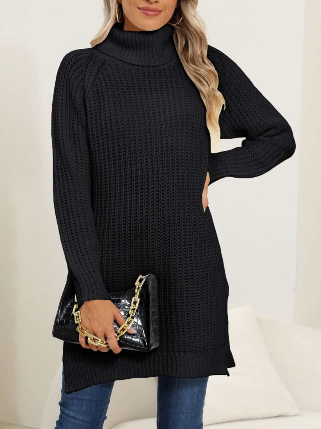 Slit Turtleneck Long Sleeve Sweater - Primrose Signature Boutique