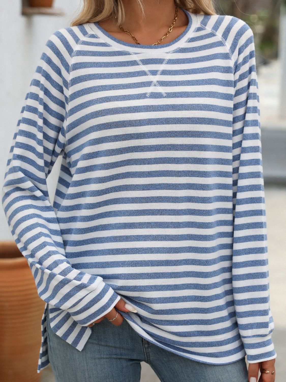 Striped Round Neck Long Sleeve T-Shirt - Primrose Signature Boutique