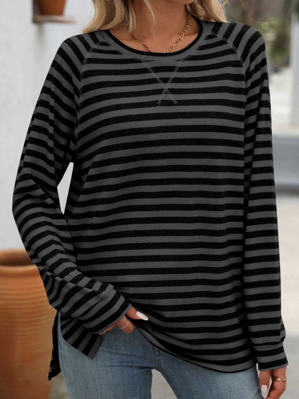 Striped Round Neck Long Sleeve T-Shirt - Primrose Signature Boutique