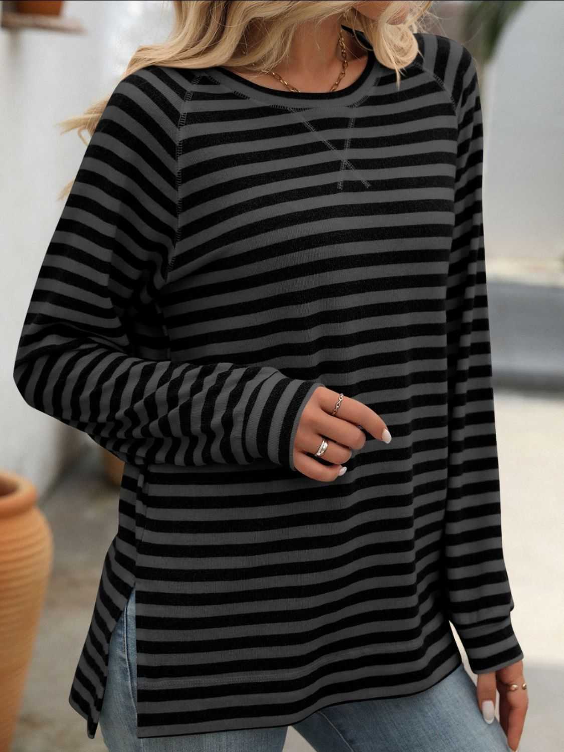 Striped Round Neck Long Sleeve T-Shirt - Primrose Signature Boutique