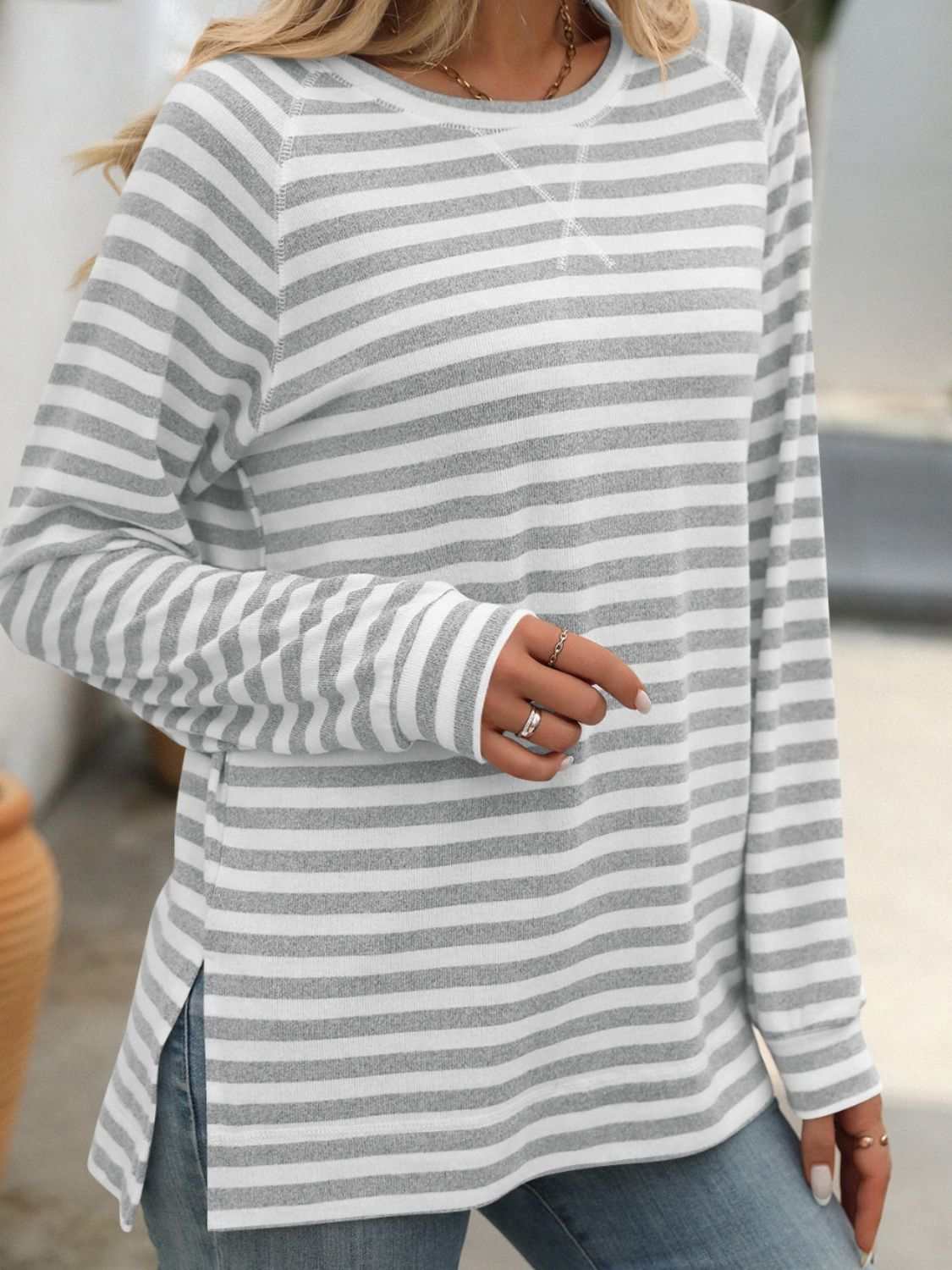Striped Round Neck Long Sleeve T-Shirt - Primrose Signature Boutique
