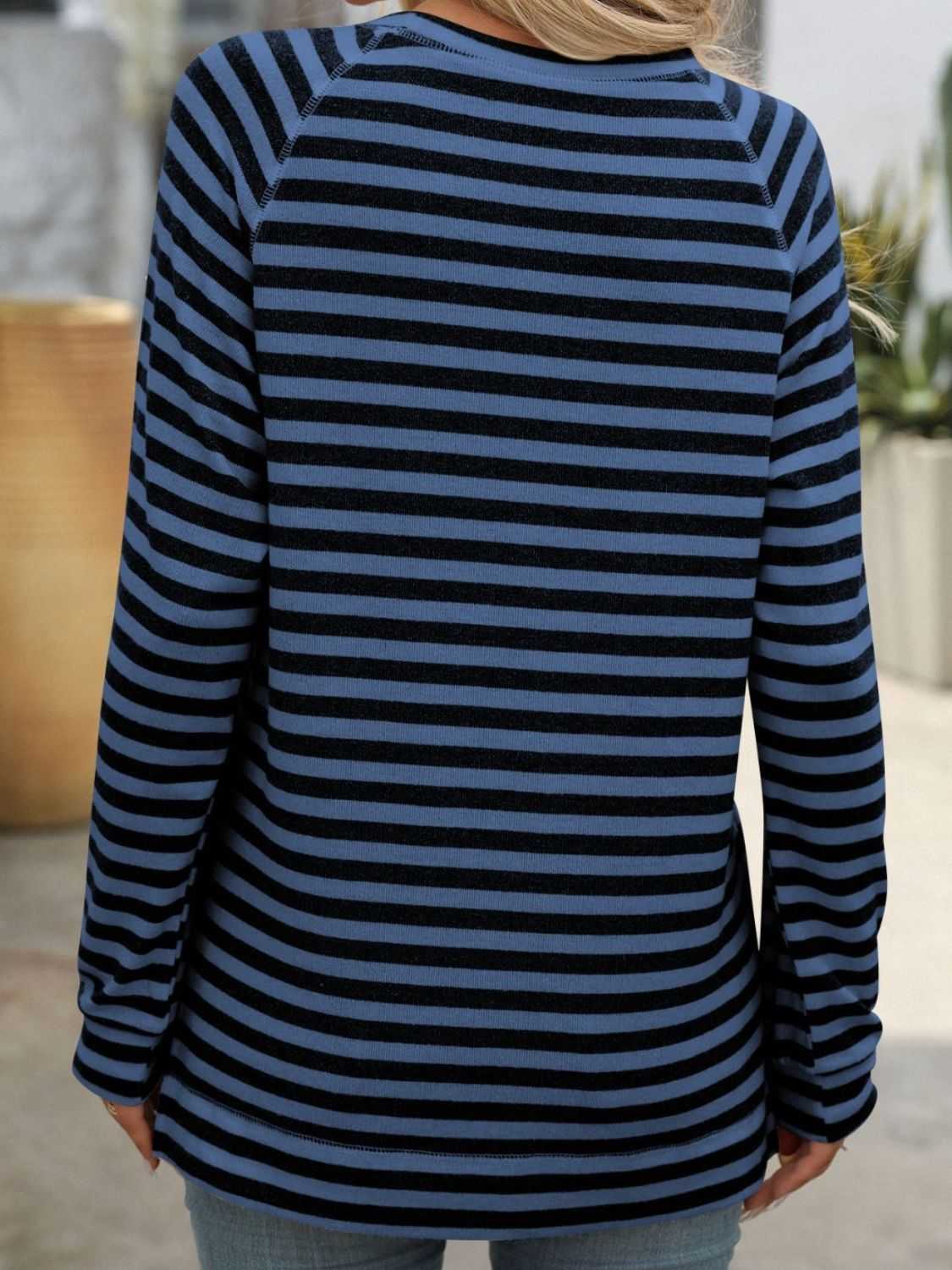 Striped Round Neck Long Sleeve T-Shirt - Primrose Signature Boutique