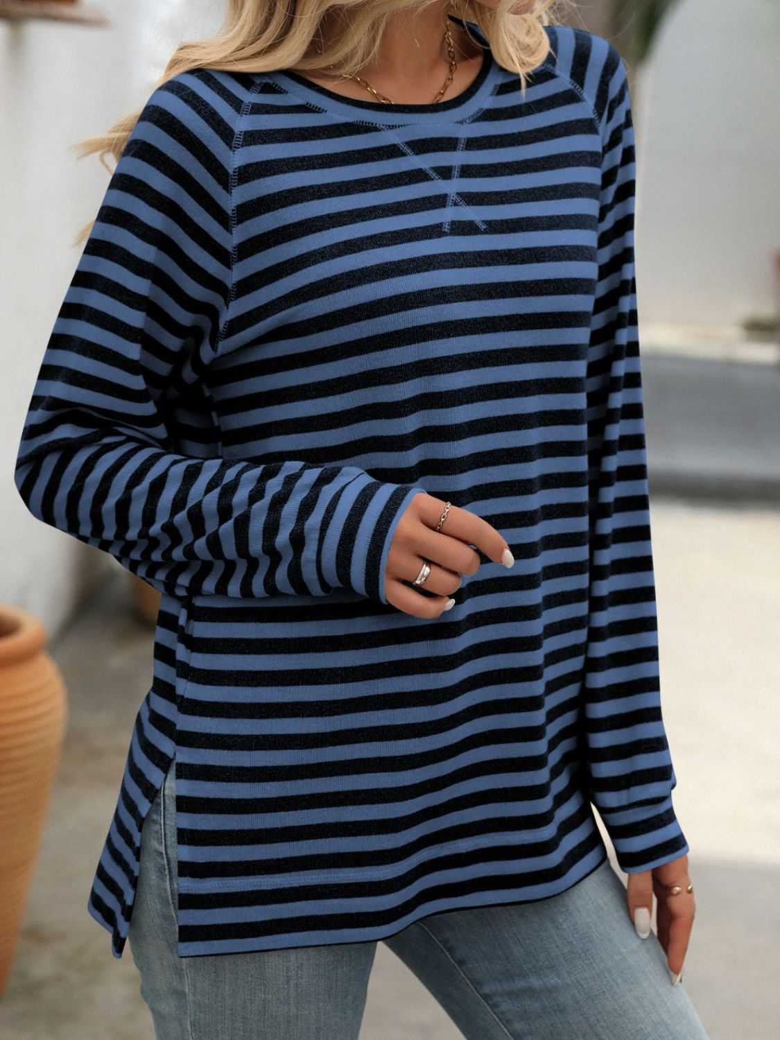 Striped Round Neck Long Sleeve T-Shirt - Primrose Signature Boutique